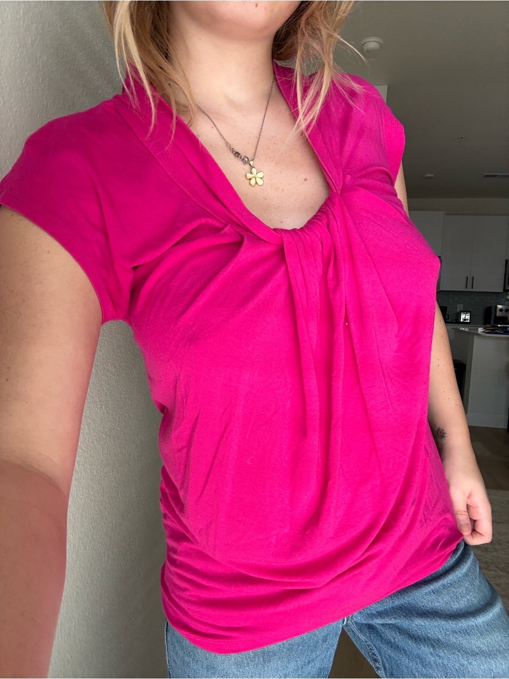 Anne Klein Cap-Sleeve Twist Front Blouse - Fuchsia